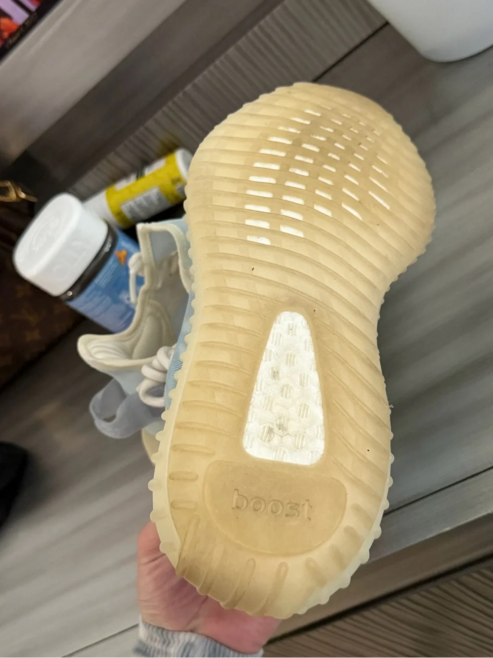 Yeezy women’s Light Blue and Off-white  Knit Sneakers